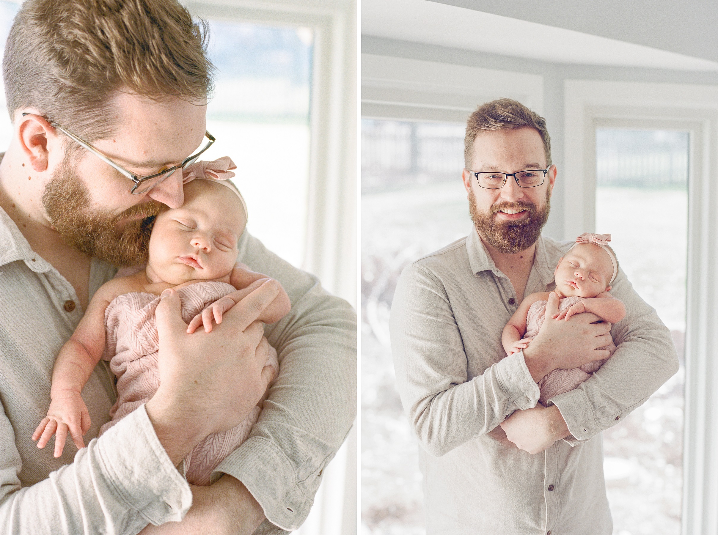 12 - Baby girl being held by dad at newborn session at home in January in Overland Park, Kansas