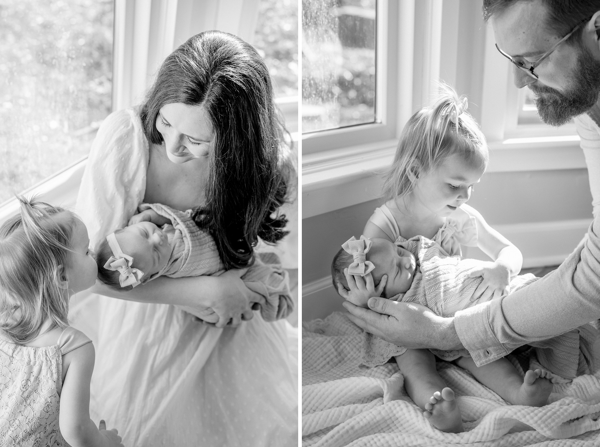 5 - Toddler sister kisses and holds baby sister at newborn session at home in overland park, KS in January