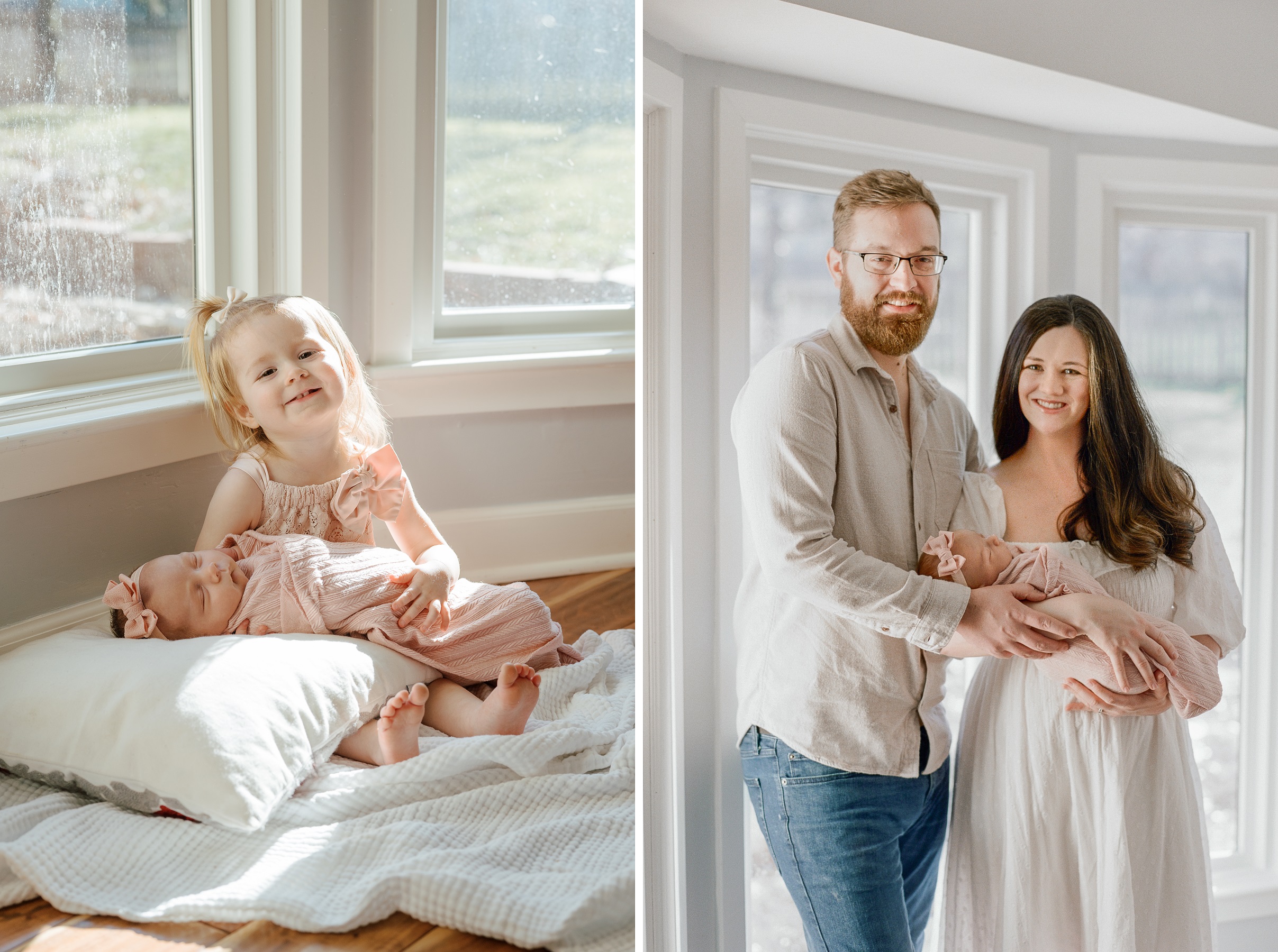 6 - Toddler sister holds baby sister at newborn session at home in overland park, KS in January