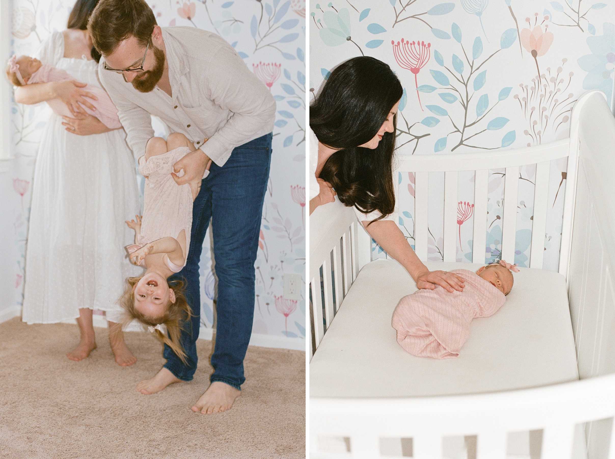 8 - Baby girl in nursery with mom, dad and sister during newborn session at home in Overland Park, Kansas