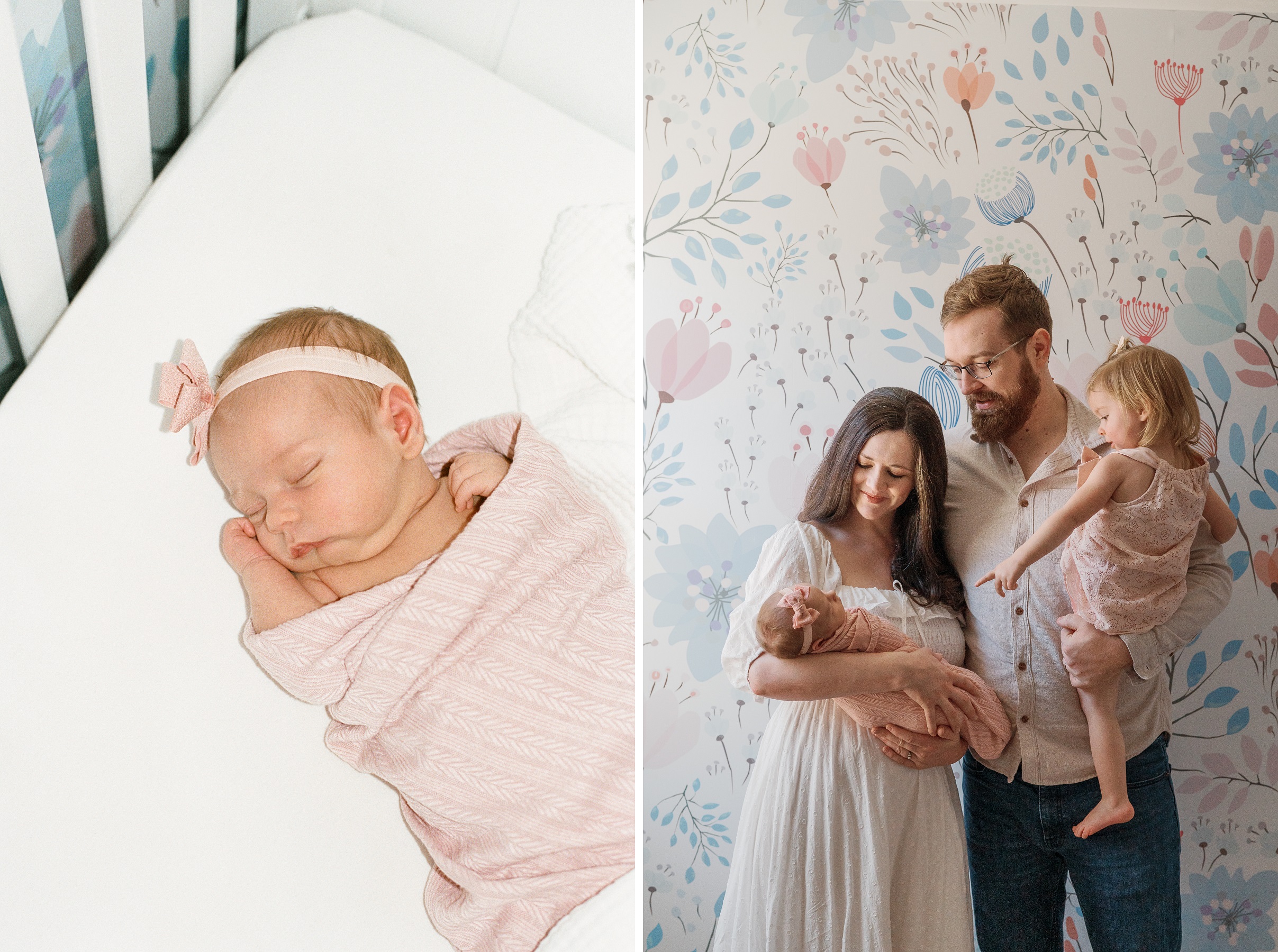 9 - Baby girl in nursery with mom, dad and sister during newborn session at home in Overland Park, Kansas