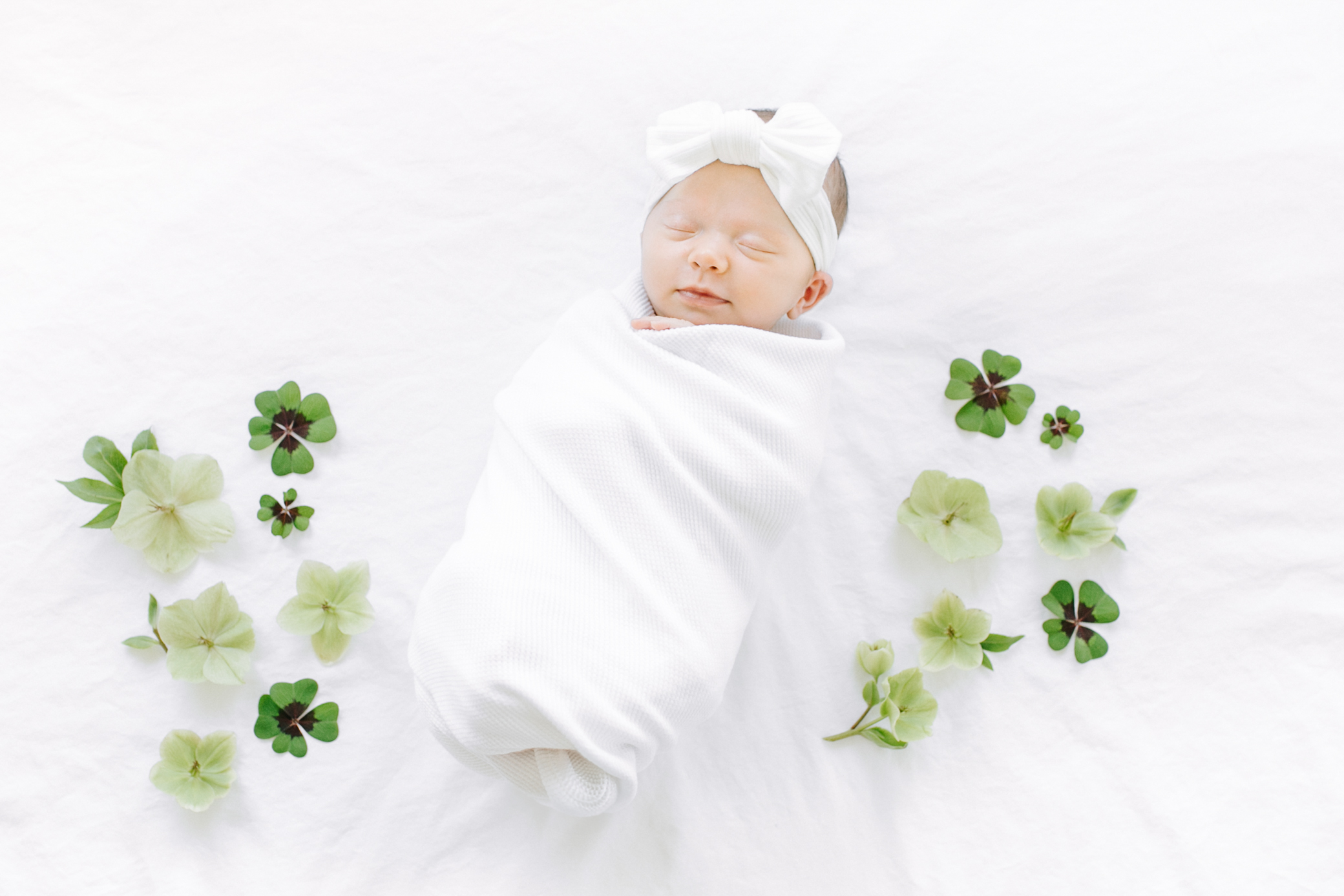 March baby portrait of newborn girl with shamrocks and hellebores Kansas City Newborn Photographer KC baby photography