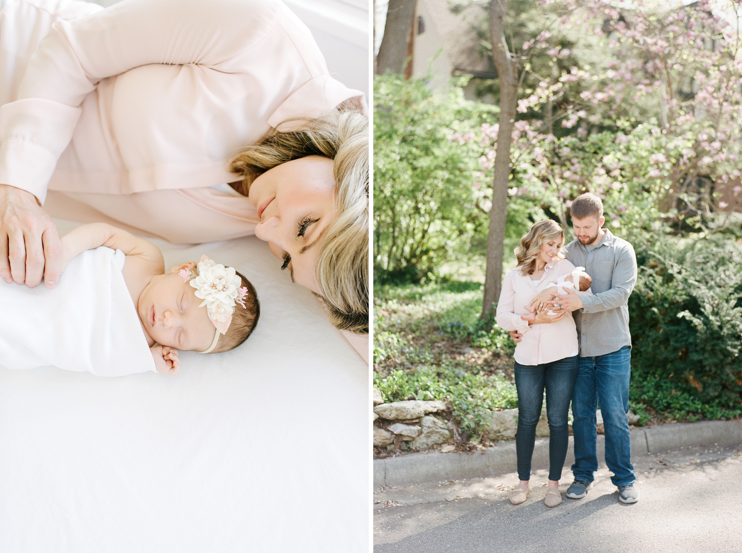 Kansas City Newborn Photography photo of mom and baby girl laying down and photo of new mom and dad with baby girl outside on a beautiful spring day