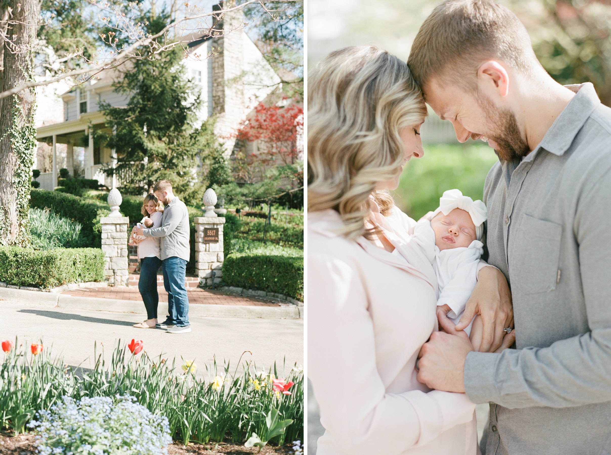 Kansas City Newborn Photography KC film photographer Alissa Bird Portraits photos of new mom and dad with baby girl outside on a beautiful spring day