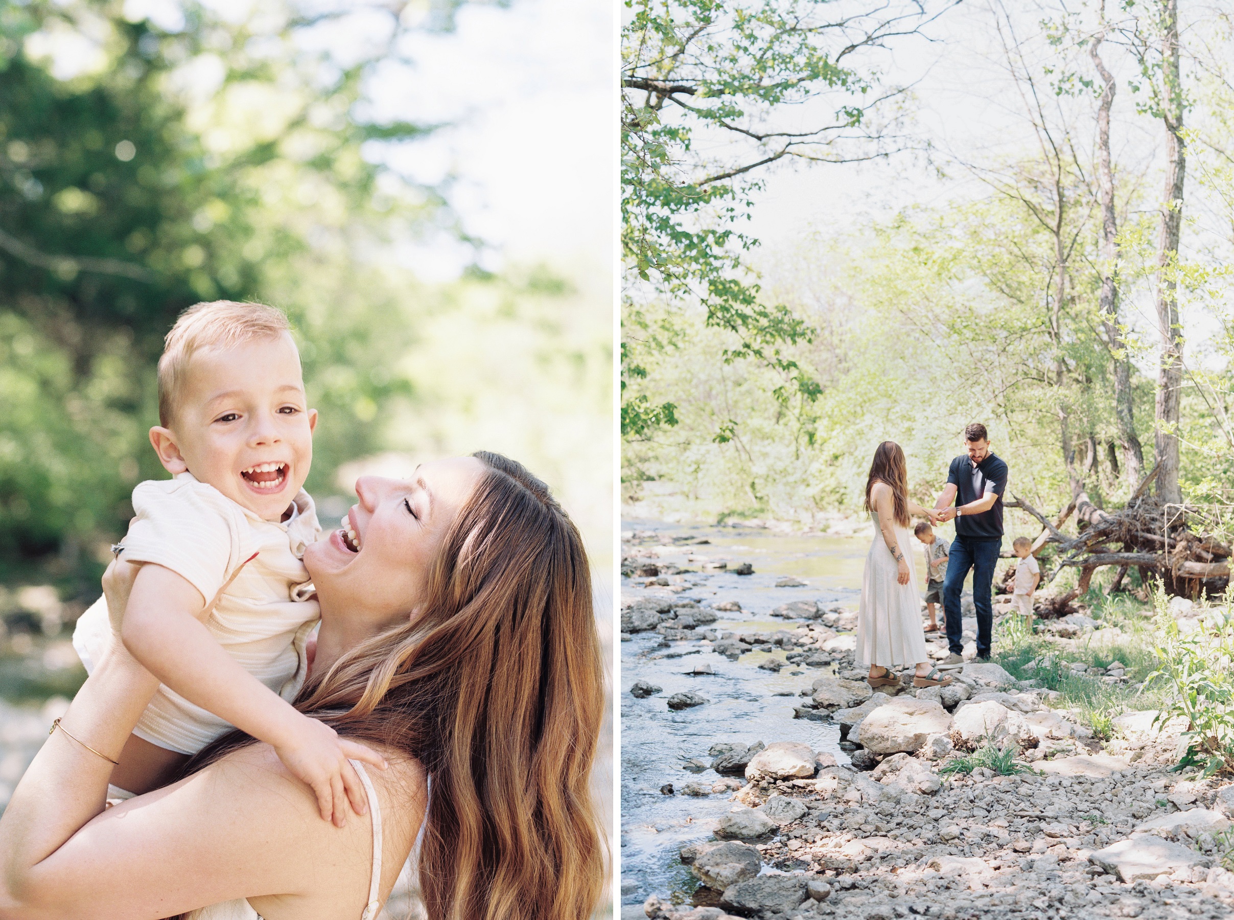 Midwest Summer Family Photos playful photos at a creek of family of four with two little boys Kansas City Family Photographer