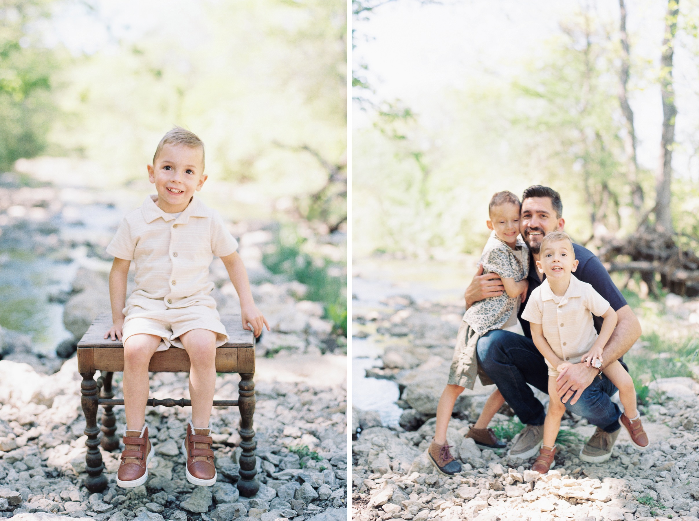 Kansas City Family Photographer summer family photos of dad and two little boys at a creek location